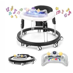 Baby Walker with Wheels, Music and Lights Baby Walker for Boys Girls 6-12 Months, Foldable Baby Walkers and Activity Center, Toddler Infant Walker with 7-Speed Height Adjustment, Detachable Plate, Black