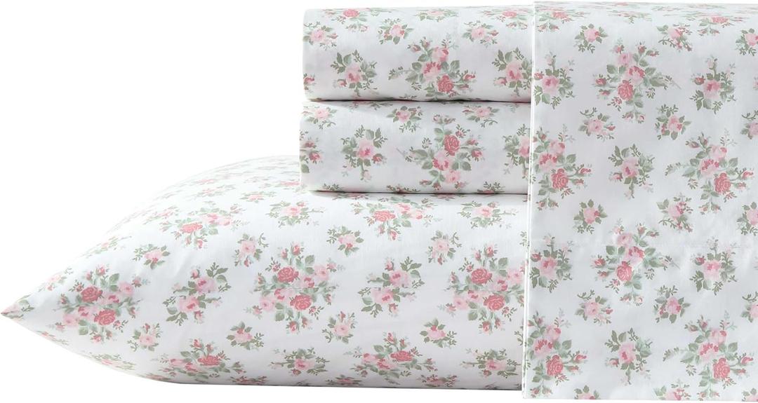 Laura Ashley – Twin Size Sheet Set, Crisp & Lightweight Cotton Percale Bedding with Fitted Sheet and Pillowcase, Floral Room Decor, Deep Pocket, College Dorm Room Essentials (Leanna Rose Pink)