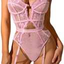 Kaei&Shi Floral Embroidered, Underwire, Removable Garter, Thigh Straps, Backless Bodysuit. Size S