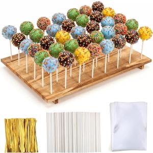 48 Holes Wood Cake Pop Stand, 16.5 x 12 x 1 Inch Wooden Cake Pop Display Board with 100 Sticks, 100 Treat Bags & 100 Twist Ties, Lollipop Hold Stand for Party Home Shop