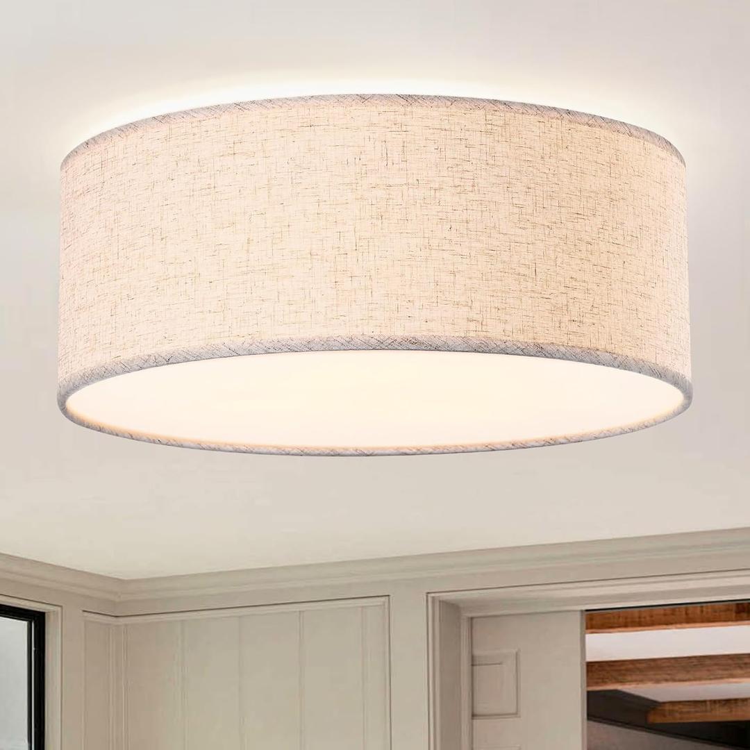 Flush Mount Ceiling Light Fixture, Linen Drum for Bedroom | 15.7-inch Modern 3-Light recessed ighting fixtures, for Living Rooms,Dining Room, hallways, Kitchens, 15.7" W x 6.1" H