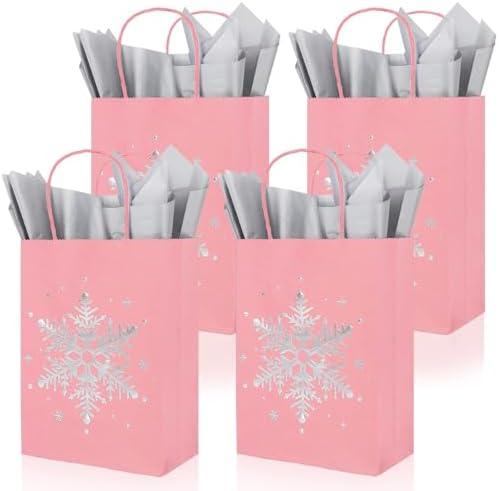 Whaline 24Pcs Pink Christmas Paper Bags with 30 Sheets Tissue Paper Pink Silver Snowflake Treat Gift Bags with Handles Candy Goodie Bags for Winter Xmas Party Supplies