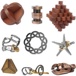 9pcs Retro Wooden and Metal Puzzles Bulk Gift for Kids, Teens, and Adults Unlock Interlock Brain Teasers Toys Game.