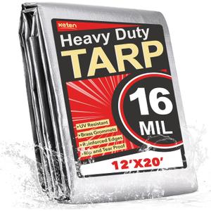 Keten Tarps Heavy Duty Waterproof 12X20 Feet, Extra Thick 16 Mil, Tear & Fade Resistant, 100% UV Blocking, Outdoor Tarp with Reinforced Grommets for Roof, Camping, Patio, Pool, Boat(Silver/Black)