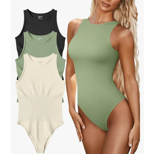 OQQ Women's 3 Piece Bodysuits Sexy Ribbed One Piece Sleeveless Halter Neck Tops Leotard Summer Trendy Small