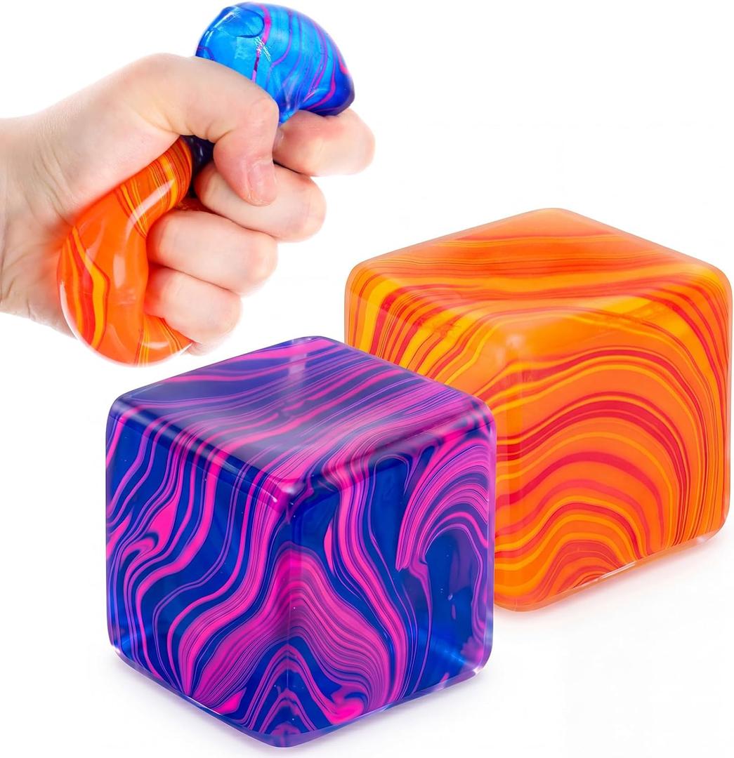 2 Pcs Stress Cube Bulk Swirl Ice Cube Stress Ball for Adults Anxiety Relief Soft Squeeze Sensory Square Ball for ADHD Prizes Goodie Bag Stuffers Party Favors(Purple, Orange)
