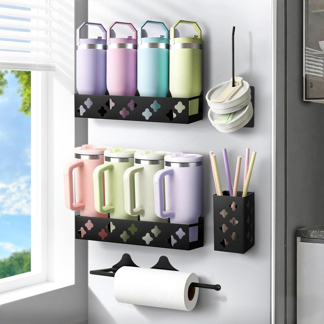 Magnetic Water Bottle Organizer for Fridge, Cup Holder for Stanley 30 40 Oz with Tumbler Lid & Straw & Paper Towel Holder, 8 Tumblers Kitchen Storage Rack for Stanley Cup Accessories, Space-Saving