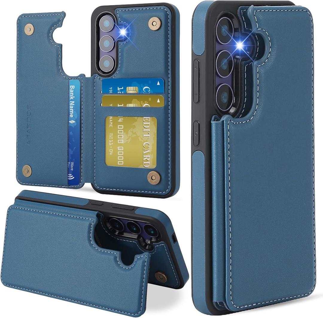 ASAPDOS for Samsung Galaxy S25 Case with Card Holder,PU Leather Shockproof Flip Case with RFID Blocking Card Holder and Kickstand for Men Women Blue