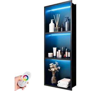 WICHEMI Shower Niche No Tile Needed for Bathroom Storage, Shower Niche RGB LED Lights Waterproof Recessed Wall Niche 12" X 36" Triple Shelves 304 Stainless Steel Bathroom Niche for Shower Wall