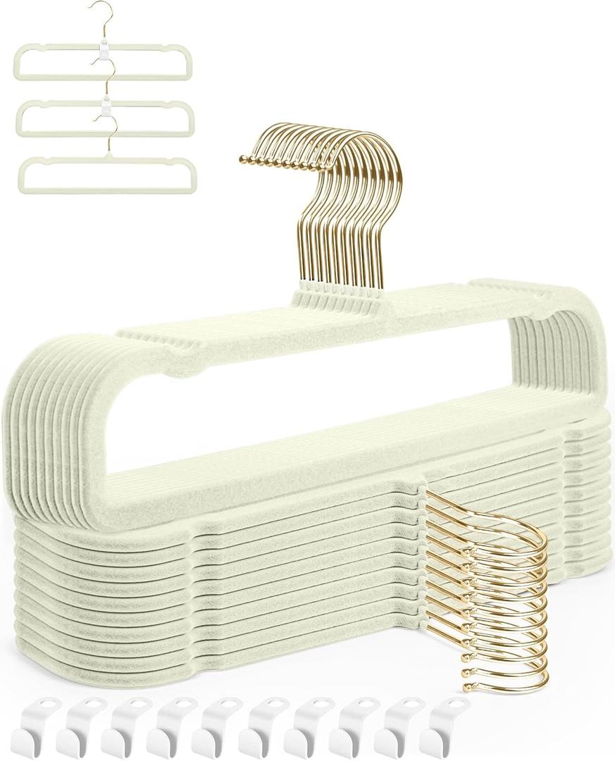 HGYZE Velvet Pants Hangers 20 Pack, 360 Swivel Gold Hook, Non Slip Felt Hanger for Spaghetti Strap Dresses Slack Jean, Short Neck Pant Bar for Closet, Cute Flocked Trouser for Adult Teen