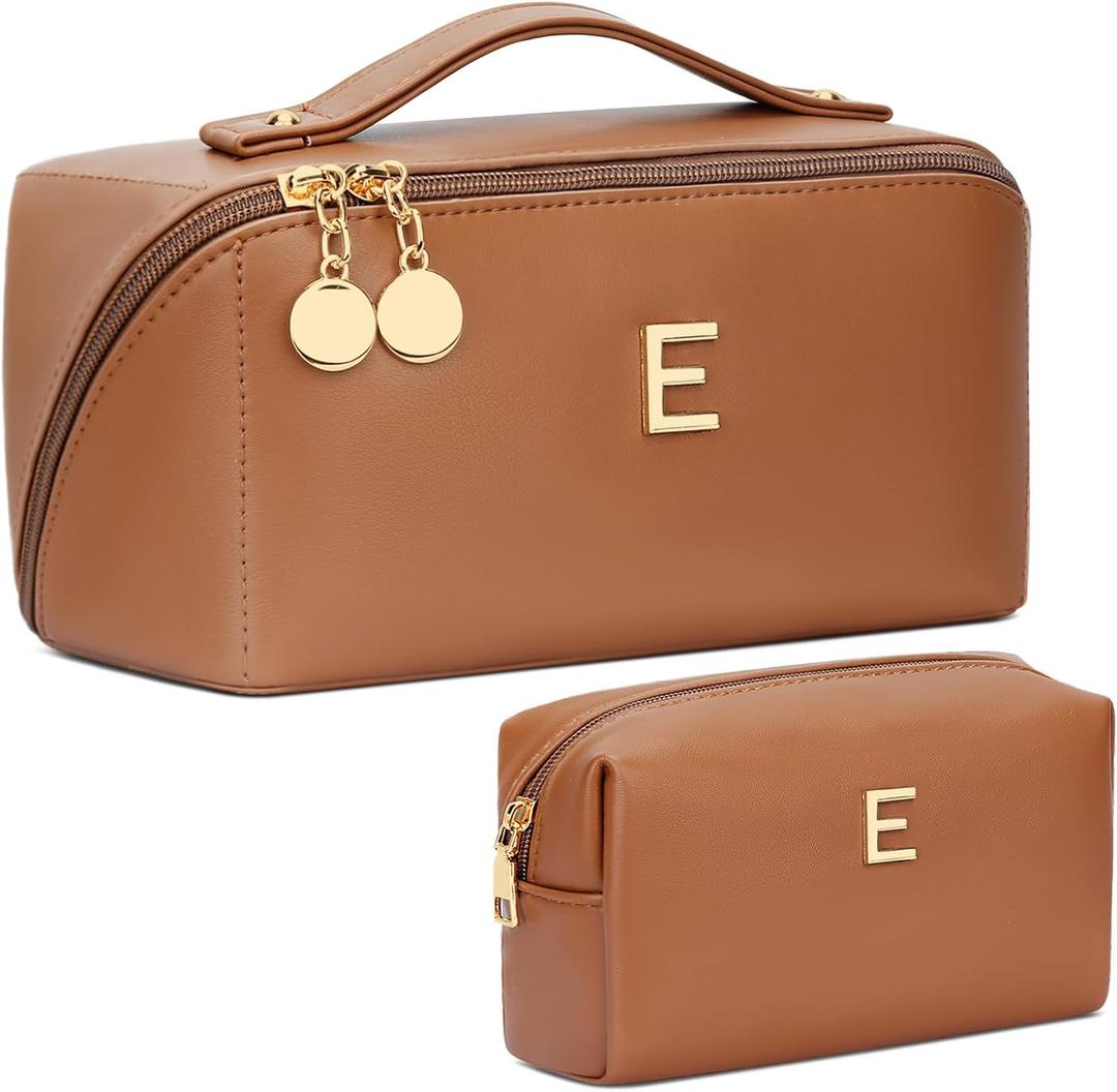 Valentine's Day Gifts for Women Teen Girl, Personalized Initial Makeup Organizer Bag Set, Open Flat Travel Cosmetic Bag With Clear Divider and Handle(Brown,E)