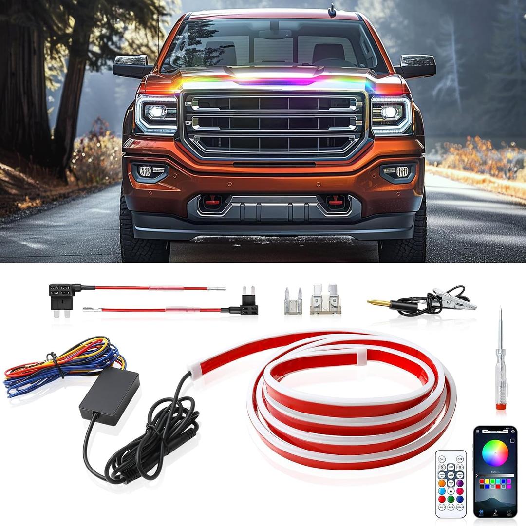 DREAMOTOR 71 Inch Car Hood Light Strip, White Exterior Dynamic Car LED Hood Light, Flexible & Waterproof, Universal Exterior Daytime Running Light Strip with Fuse Protection for Cars, SUVs, Trucks