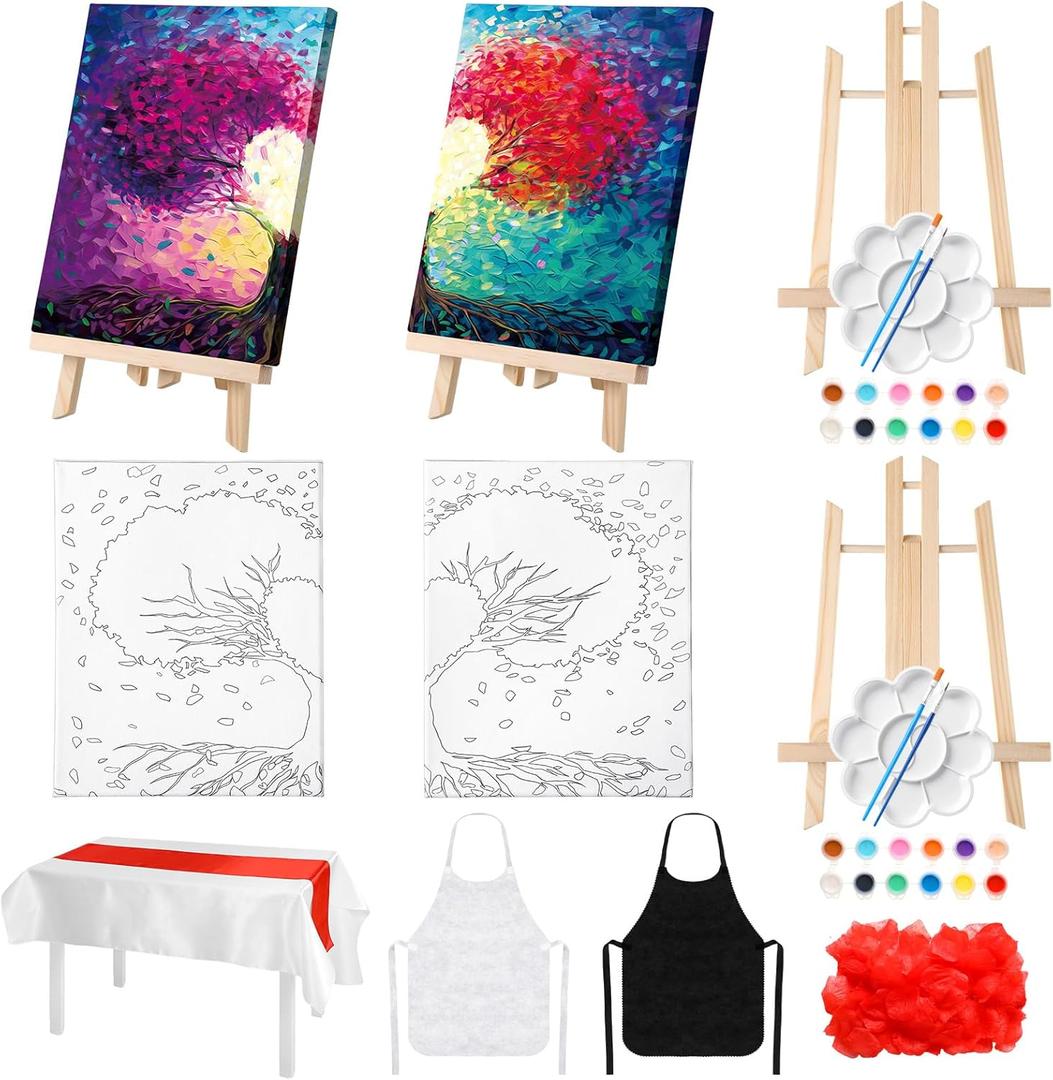 Zhanmai 112 Pcs Sip and Paint Kit for Adults Date Night Pre Drawn Canvas Paint Kit for Couples Canvas Painting Art Pre Drawn Stretch Art for Couple Valentine Party(Tree of Love,8 x 10 Inch)