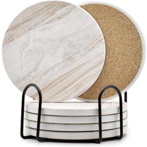 6Pcs Drink Coasters with Holder, Marble Style Ceramic Drink Coaster, Absorbent Coasters Set Suitable for Kinds of Cups, Modern Style Coaster for Coffee Table, 4 Inches
