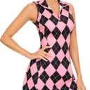 Soneven Womens Tennis Dress Racerback Sleeveless Golf Dresses with Shorts and Pockets V Neck Workout Athletic Dresses (Medium, 2134-pink Black Argyle)