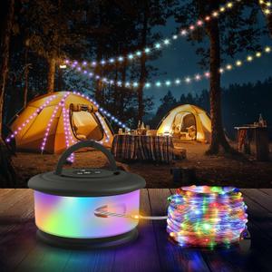 Camping String Lights, 3 in 1 Upgraded Retractable RGB Outdoor String Lights with 19 Lighting Modes, Quick 30s Recovery, 32.8 FT Portable Tent Lights, Rechargeable Camping Lantern (Black)