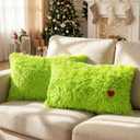 VitalCozy 2 Pcs Christmas Lime Green Throw Pillow Cover 12x20 Inch Decorative Xmas Faux Fur Pillowcases with Zipper Closure Plush Soft Lime Green Fuzzy Decor for Christmas Couch Sofa(Heart Pattern)