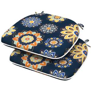 Outdoor/Indoor Chair Cushions with Ties, Waterproof All Weather Seat Cushions for Patio Furniture Home Garden Chair, Set of 2, 16x17 Inch, Bloom Medallion Cobalt