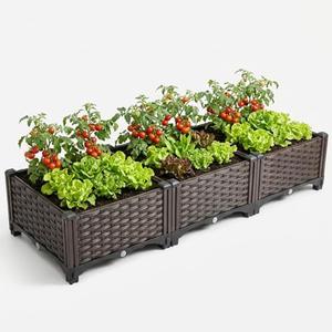 HYZSWGC 3 Planter Boxes Rectangular Raised Garden Bed Kit Indoor Outdoor Plastic Planter Grow Box for Fresh Vegetables, Herbs, Flowers & Succulents, Brown, 46.4'' X 15.7'' X 8.46''