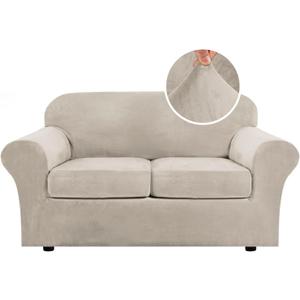 H.VERSAILTEX Real Velvet Plush 3 Piece Stretch Sofa Covers Couch Covers for 2 Cushion Couch Loveseat Covers Width Up to 72 Inch Feature Thick Soft Stay in Place (Medium Sofa, French Oak)