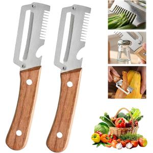 2 PCS Multi-Functional Kitchen Peeler, Professional Kitchen Tool for Chefs Fruit, 3 in 1 Multi Functional Wooden Handle Peeler and Bottle Opener, Kitchen Gadgets for Potato, Carrot, Pumpkin, Apple