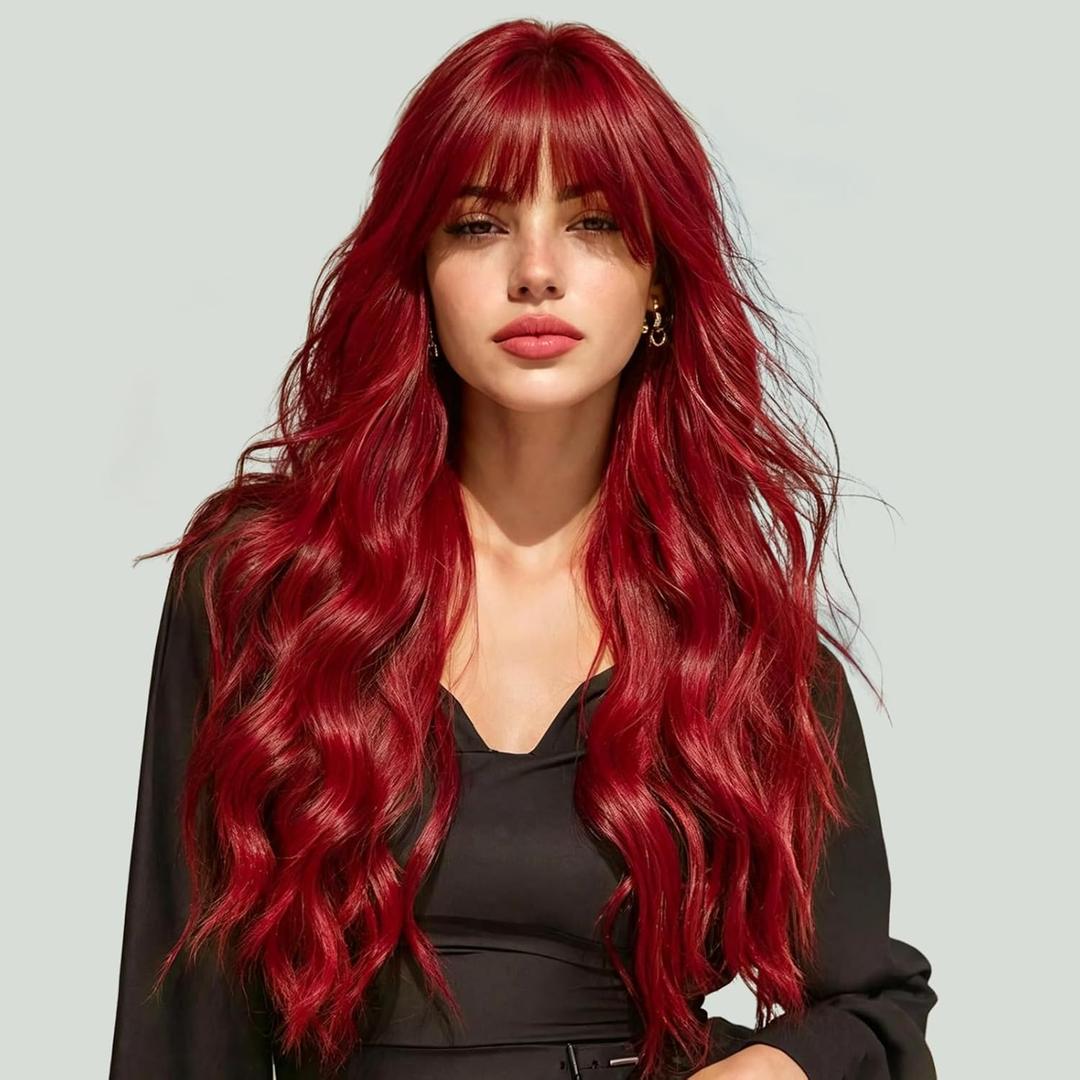 NOSTALGIA Vibrant Red Long Wavy Wigs with Bangs for Women, Premium Skin-Friendly Synthetic Hair, Bright Red Cosplay Party Wig for Halloween, Christmas & Daily Wear