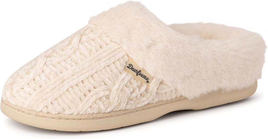 Dearfoams Women's Fuzzy Memory Foam Cable Knit Claire Clog House Slipper with Wide Widths (5-6)