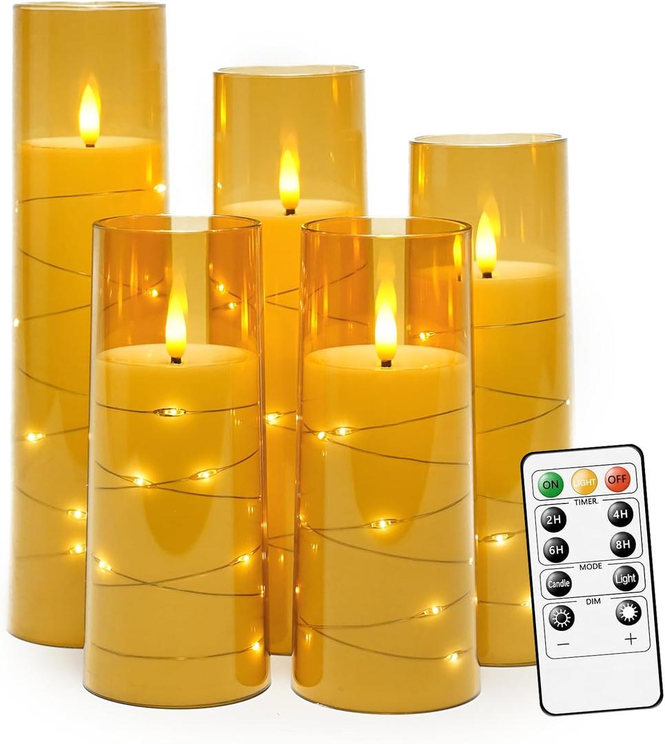 Flickering Flameless LED Candles,Battery Operated Candles 5 Pcs with Embedded Star String,Acrylic LED Pillar Candles with Remote,Suitable for Home Decoration to Create an AtmosphereGold