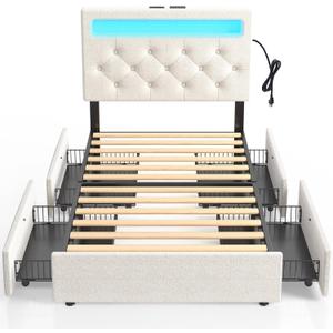 Rolanstar Twin Bed Frame with Charging Station and LED Lights, Upholstered Bed with Adjustable Headboard and 4 Storage Drawers, No Box Spring Needed, Easy Assembly, White