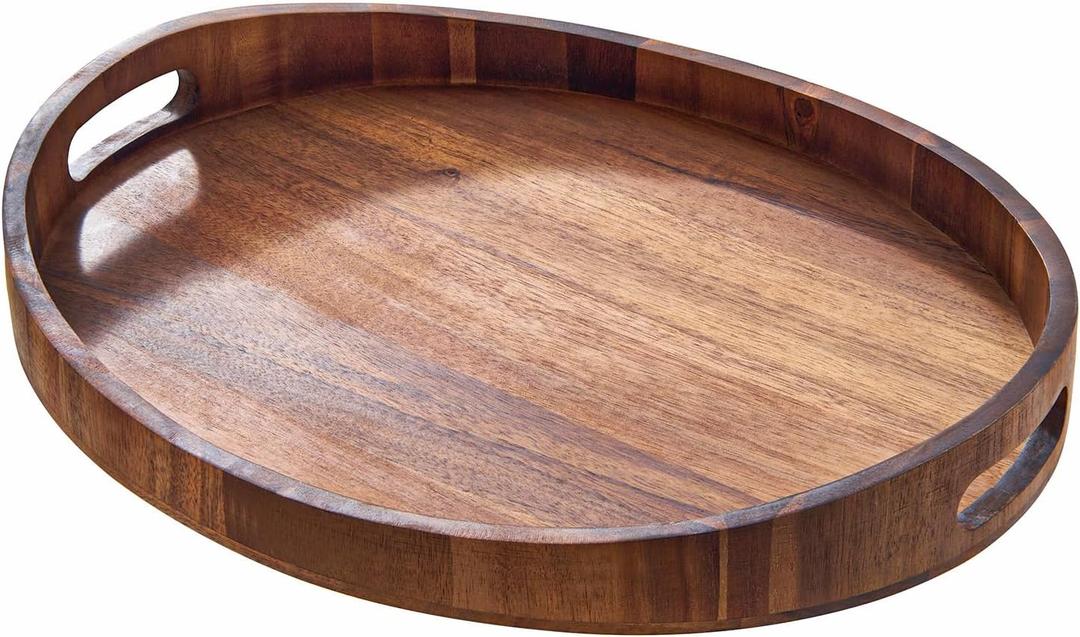 Acacia Wood Serving Tray with Handles - Round Decorative Ottoman Tray for Coffee Table, Breakfast in Bed, Living Room, Kitchen Counter, Candle Display, Tea Party, Lunch, Dinner, Bathroom & Home Decor