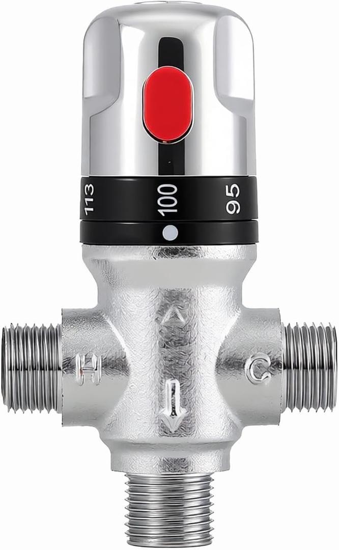 TreMax Thermostaic Mixing Valve with 1/2 NPT Thread, Shower Mixing Valve with NPT Connector no need Adaptors, Temperature Control Valve, Fahrenheit Scale Mark, Solid Brass- Silver