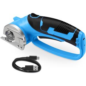 Cordless Electric Scissors, 4V Rechargeable Box Cutter & Cardboard Cutter with Titanium Blade, LED Light, Safety Lock - Rotary Cutter for Fabric, Leather, Carpet, Plastic, Crafting, Sewing (Blue)