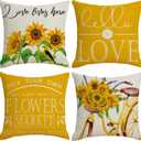 Decorative Throw Pillow Cover Plant Sunflower - 18 x 18 Flower Bike Pillow Cushion Case - 4 Pack Yellow White Linen Square Pillow Cushion Cover, Great for Couch, Patio, Chair, Living Room Decor