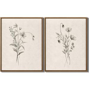 Vintage Botanical Flower Wall Art 2 Piece Neutral Boho Wildflower Painting Prints Farmhouse Floral Plants Wall Decor Minimalist Artwork for Bedroom Bathroom Living Room Home Office, 11x14 Inch Framed