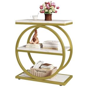 IBUYKE Narrow End Table with 3 Storage Shelves, Industrial Sofa Side Table, Double Round Metal Frames, Slim Nightstand and Bedside Table for Bedroom, Living Room, White with Gold UTMJ418G