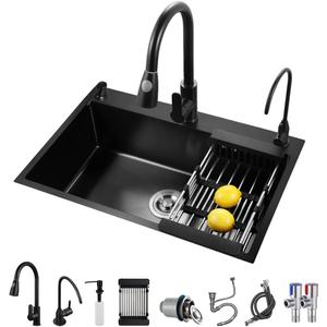 ARTLINE Black Kitchen Sink, Stainless Steel Single Bowl Sink, Drop In/Topmount Workstation Sink with Sliding Accessories, Farmhouse Workstation sink with Multiple Accessories (23.6 x 17.7in), RXZE031