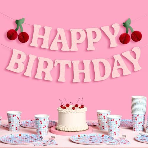 xo, Fetti Happy Birthday Cherry Banner - Pink Glitter, 6.5 Ft. | 3D Cherry Garland