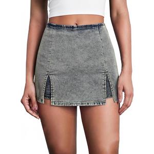 Avanova Women Double Slit Denim Skort Bodycon Mini Jean Skirt Grey L