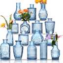 Glass Bud Vases Set of 16 - Blue Assorted Small Mini Glass Vases for Flowers, Crystal Vintage Vase Set, Bulk Centerpieces for Table Dcor, Wedding, Home and Events (Blue, 16 Pcs)
