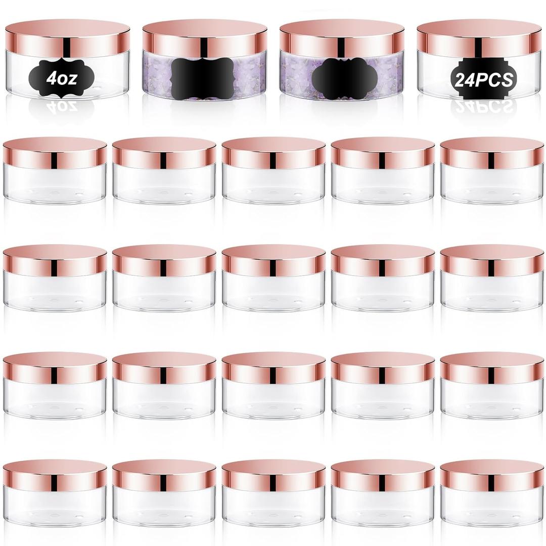 Dandat 24 Pcs 4 oz Plastic Jar Container with Lid and Label Refillable Empty Round Clear with Rose Gold PET Cosmetic Sample Containers for Lotion, Cream, Ointments, Body Butter, Makeup, Travel Storage