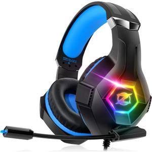 Ozeino Gaming Headset for PC, Ps4, Ps5, Xbox Headset with 7.1 Surround Sound, Gaming Headphones with Noise Cancelling Mic RGB Light Over Ear Headphones for Xbox Series X/S, Switch-Blue