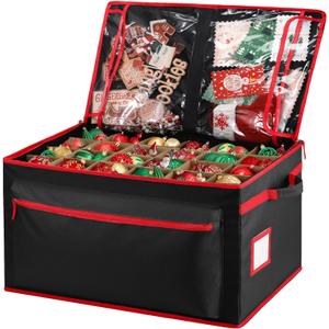 Christmas Ornament Storage Box - Holds Up to 72 of 4 Ornaments - 2-in-1 Xmas Figurine Container - 3 Individual Trays - Holiday Christmas Decor Storage Case (Black)