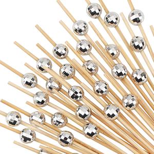 Disco Ball Cocktail Picks - 100 Count Decorative Toothpicks for Appetizers, 4.7 Inch Long Bamboo Skewers, Fancy Garnish Sticks for Martini, Charcuterie Board, Party Decorations, Bar Decor Accessories (Silver)