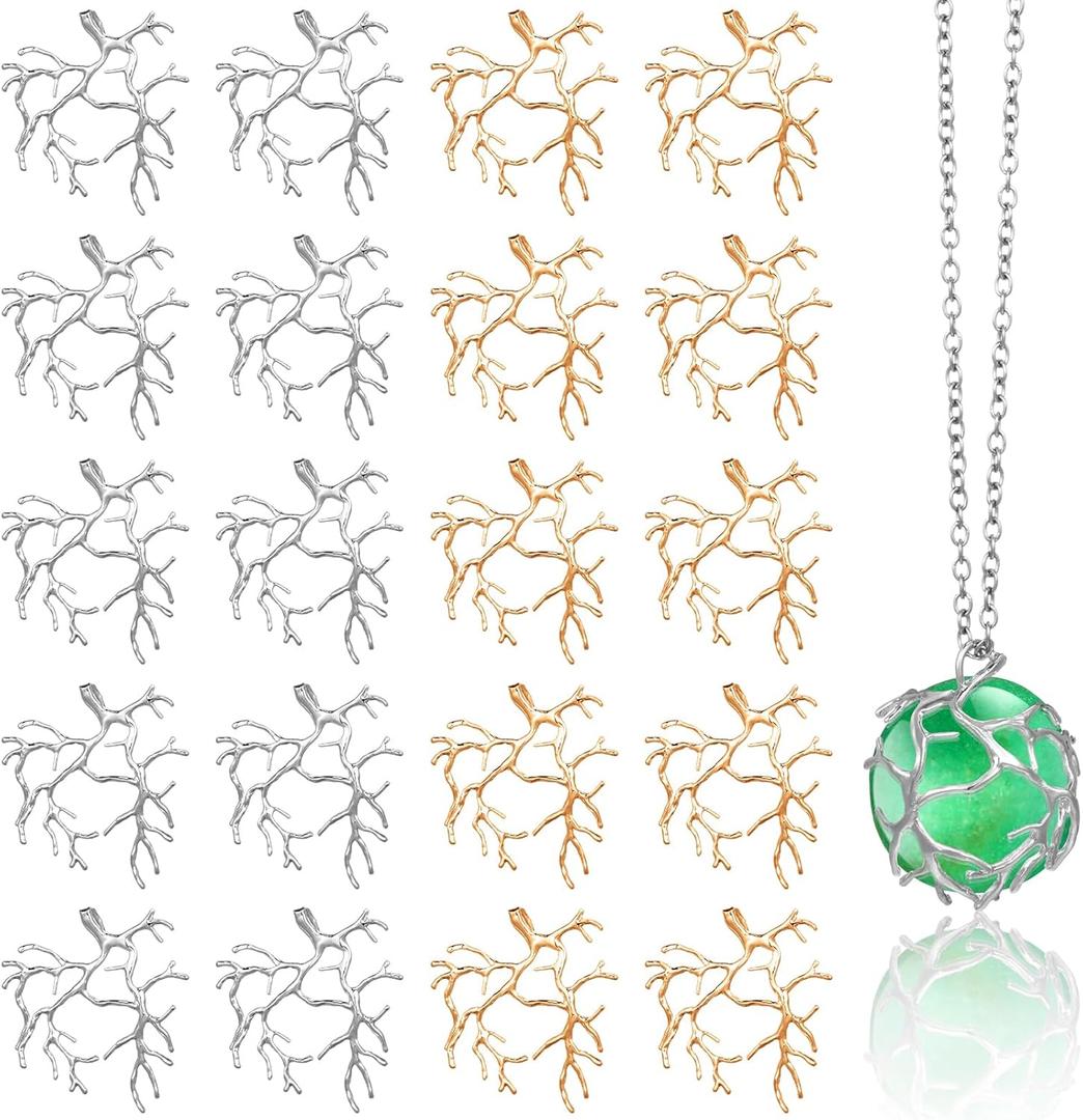 Hicarer 20 Pcs Pendant Trays for Jewelry Making Branch Shape Metal Claw Cage Pendant Holder Crystal Cage Necklace Open Bezels for DIY Necklace Jewelry Making Supplies (Silver and Gold)