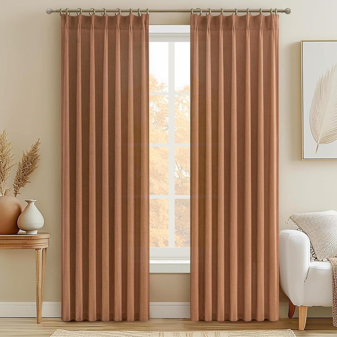 Burnt Orange Fall Sheer Curtains for Living Room/Bedroom 84 Inch Length 2 Panels Set, Light Filtering Privacy Linen Heavy Drapes Terracotta Rust Pinch Pleated Funky Halloween Curtain