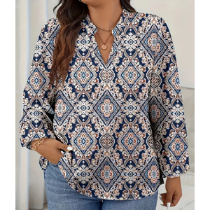 Plus Size Casual V-Neck Top with Long Sleeves, Polyester, Non-Stretch Woven Fabric, Random Print Pattern - Comfortable Fit for All Seasons (2X, Black)