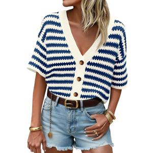 Saodimallsu Womens Short Sleeve Striped Cardigan Sweaters Crochet Knit Button Down Shirts V Neck Spring Summer Tops (Blue, XL)
