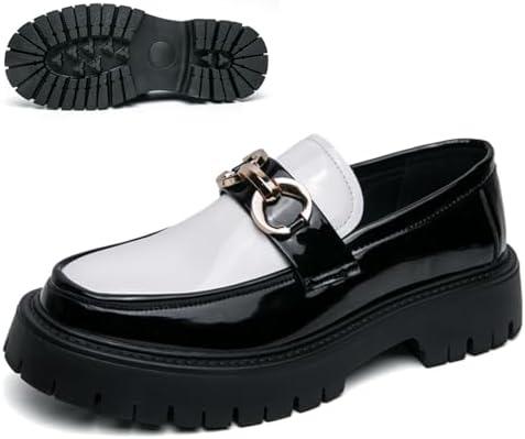Men's Patent Leather Chunky Platform Penny Loafers with Metal Decoration Slip-On Lug Sole Dress Business Work Shoes Daily Non-Slip Shock Absorbing Casual Shoes (10, White and Black)