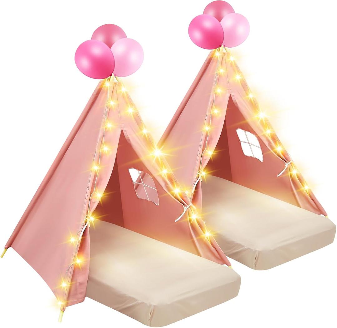 2 Pack Kids Teepee Tent with Mattress,Fitted Sheet,Light String,Washable Natural Cotton Toddler Play Tent for Girls Boys Indoor Outdoor Sleepover Slumber Birthday Party(Pink), 61.81 inches x 25.98 inches x 7.09 inches