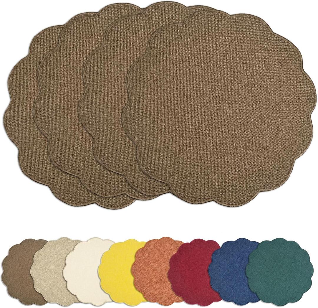 AHHFSMEI Round Faux Linen Placemats Set of 4 Heat Resistant Non-Slip Stain Proof Table Mats for Kitchen Dining Elegant Decor Place Mats (Brown,4)
